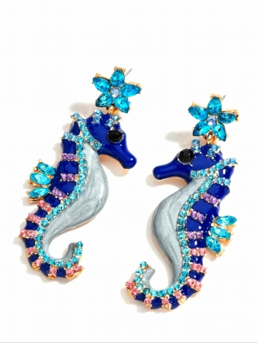 🌺Seahorse Rhinestone Dangle Earings Resort Wear Beach Wear Vacation Wear - Picture 2 of 6